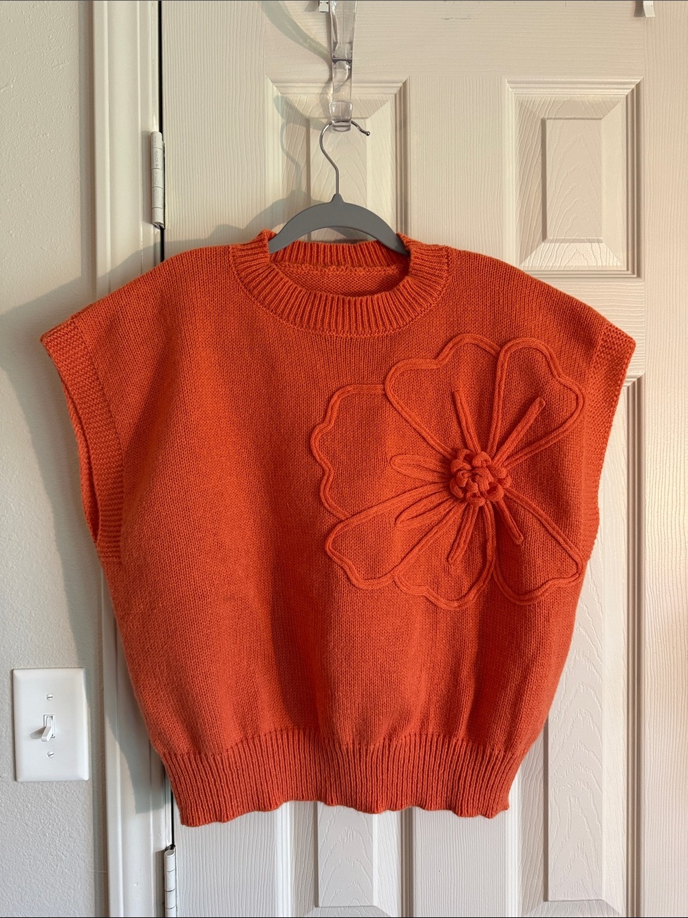 Orange Floral Appliqué Knit Sweater Vest - Women